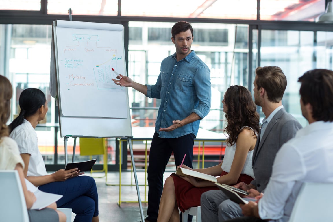 Business executives discussing over white board